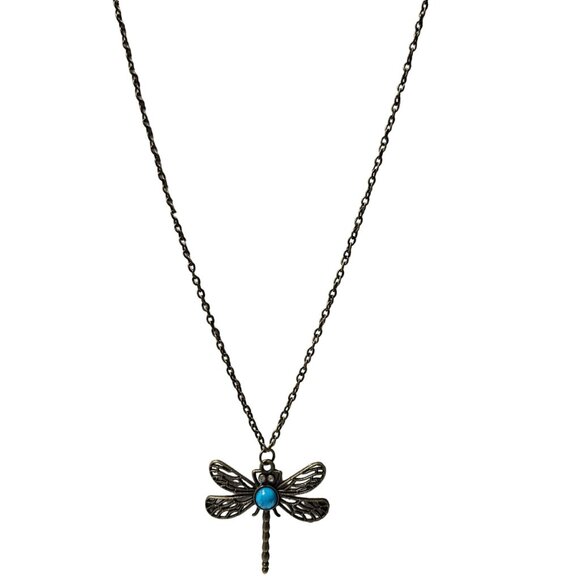 Vintage Dragonfly Pendant Necklace Turquoise Stone Bronze Chain Fashion Jewelry - Picture 2 of 6
